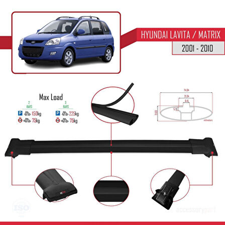 Hyundai Matrix (FC) 2001-2010 Arası ile Uyumlu FLY Model Ara Atkı Tavan Barı Siyah 2 Adet