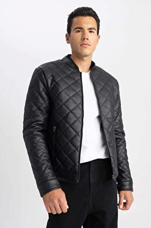 U3853 Su İtici Slim Fit Kolej Yaka Bomber Suni Deri Mont