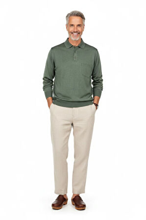 Oppland Erkek Kazak Premium Yün Tarzı Klasik Polo Yaka Düğmeli Cepli Rahat Tam Kalıp