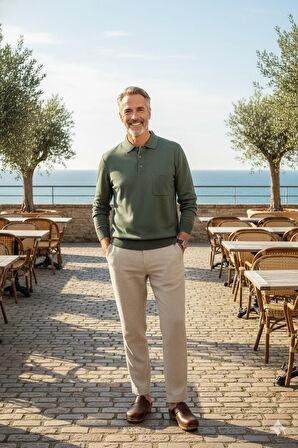 Oppland Erkek Kazak Premium Yün Tarzı Klasik Polo Yaka Düğmeli Cepli Rahat Tam Kalıp