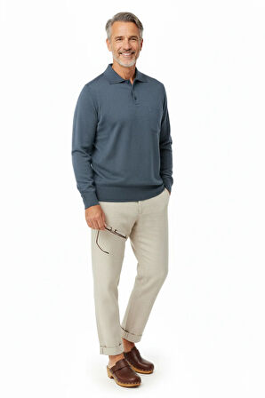 Oppland Erkek Kazak Premium Yün Tarzı Klasik Polo Yaka Düğmeli Cepli Rahat Tam Kalıp