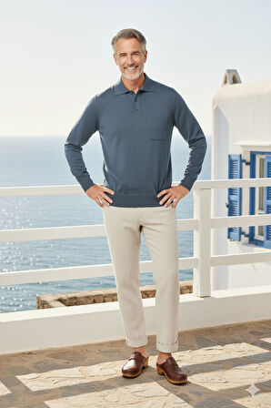 Oppland Erkek Kazak Premium Yün Tarzı Klasik Polo Yaka Düğmeli Cepli Rahat Tam Kalıp