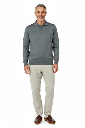 Oppland Erkek Kazak Premium Yün Tarzı Klasik Polo Yaka Düğmeli Cepli Rahat Tam Kalıp