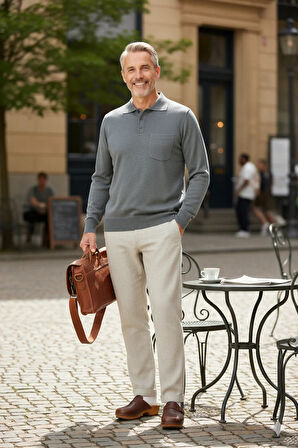 Oppland Erkek Kazak Premium Yün Tarzı Klasik Polo Yaka Düğmeli Cepli Rahat Tam Kalıp