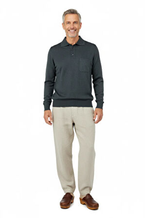 Oppland Erkek Kazak Premium Yün Tarzı Klasik Polo Yaka Düğmeli Cepli Rahat Tam Kalıp