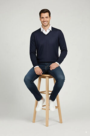 Oppland Erkek Uzun Kollu V Yakalı Düz Renk Klasik Model Rahat Kesim ince Yünlü Dokuma Kazak