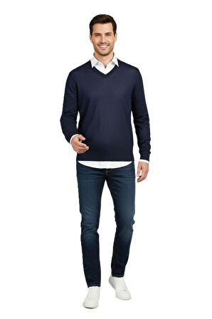 Oppland Erkek Uzun Kollu V Yakalı Düz Renk Klasik Model Rahat Kesim ince Yünlü Dokuma Kazak