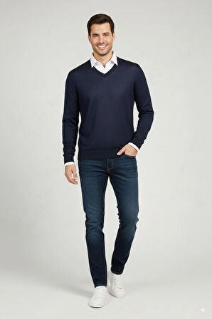 Oppland Erkek Uzun Kollu V Yakalı Düz Renk Klasik Model Rahat Kesim ince Yünlü Dokuma Kazak