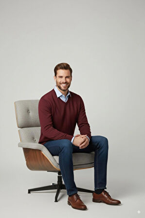 Oppland Erkek Uzun Kollu V Yakalı Düz Renk Klasik Model Rahat Kesim ince Yünlü Dokuma Kazak