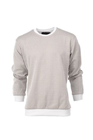 Erkek Mevsimlik Doğal Pamuklu Sweatshirt Bisiklet Yaka Çizgili Rahat Kesim Tam Kalıp
