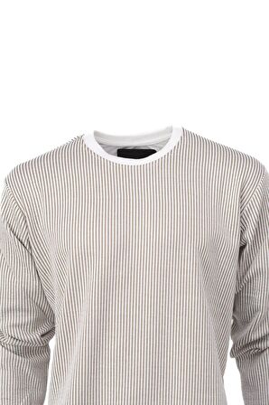 Erkek Mevsimlik Doğal Pamuklu Sweatshirt Bisiklet Yaka Çizgili Rahat Kesim Tam Kalıp