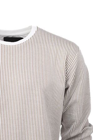 Erkek Mevsimlik Doğal Pamuklu Sweatshirt Bisiklet Yaka Çizgili Rahat Kesim Tam Kalıp