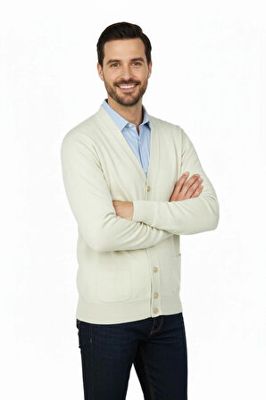 Oppland Erkek Hırka Yünlü Dokuma V Yakalı Düğmeli Çift Cepli Klasik Model Rahat Tam Kalıp