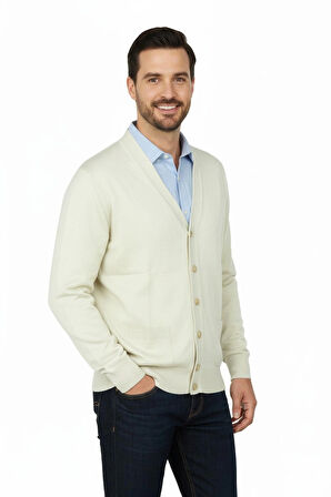 Oppland Erkek Hırka Yünlü Dokuma V Yakalı Düğmeli Çift Cepli Klasik Model Rahat Tam Kalıp