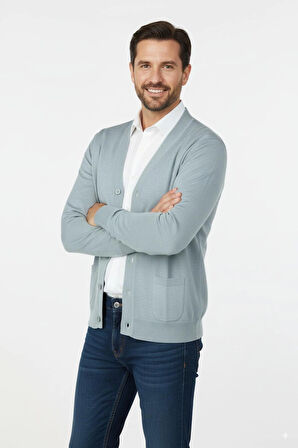 Oppland Erkek Hırka Yünlü Dokuma V Yakalı Düğmeli Çift Cepli Klasik Model Rahat Tam Kalıp