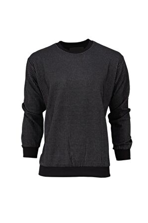 Erkek Mevsimlik Doğal Pamuklu Sweatshirt Bisiklet Yaka Çizgili Rahat Kesim Tam Kalıp