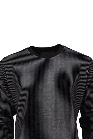 Erkek Mevsimlik Doğal Pamuklu Sweatshirt Bisiklet Yaka Çizgili Rahat Kesim Tam Kalıp