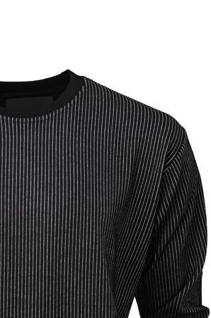 Erkek Mevsimlik Doğal Pamuklu Sweatshirt Bisiklet Yaka Çizgili Rahat Kesim Tam Kalıp