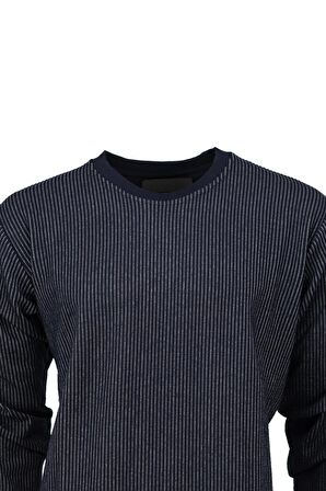 Erkek Mevsimlik Doğal Pamuklu Sweatshirt Bisiklet Yaka Çizgili Rahat Kesim Tam Kalıp