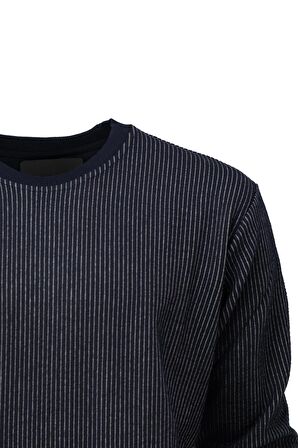 Erkek Mevsimlik Doğal Pamuklu Sweatshirt Bisiklet Yaka Çizgili Rahat Kesim Tam Kalıp