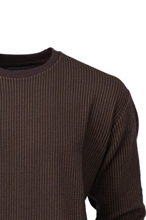 Erkek Mevsimlik Doğal Pamuklu Sweatshirt Bisiklet Yaka Çizgili Rahat Kesim Tam Kalıp