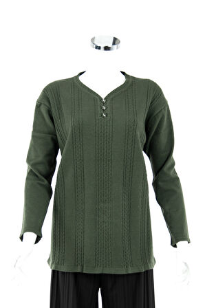 Oppland Kadın Kışlık Kendinden Motifli Armut Yaka Üç Düğmeli Pamuklu Kardelen Dokuma Anne Kazak