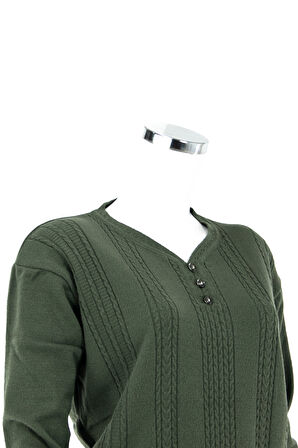 Oppland Kadın Kışlık Kendinden Motifli Armut Yaka Üç Düğmeli Pamuklu Kardelen Dokuma Anne Kazak