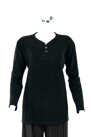 Oppland Kadın Kışlık Kendinden Motifli Armut Yaka Üç Düğmeli Pamuklu Kardelen Dokuma Anne Kazak