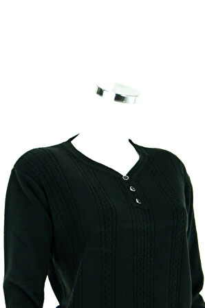 Oppland Kadın Kışlık Kendinden Motifli Armut Yaka Üç Düğmeli Pamuklu Kardelen Dokuma Anne Kazak