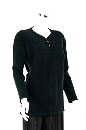 Oppland Kadın Kışlık Kendinden Motifli Armut Yaka Üç Düğmeli Pamuklu Kardelen Dokuma Anne Kazak