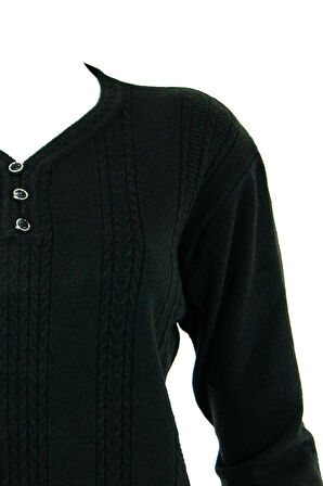 Oppland Kadın Kışlık Kendinden Motifli Armut Yaka Üç Düğmeli Pamuklu Kardelen Dokuma Anne Kazak