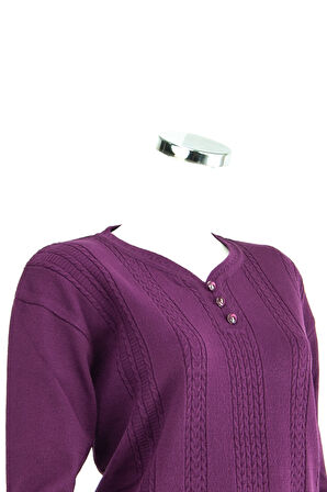 Oppland Kadın Kışlık Kendinden Motifli Armut Yaka Üç Düğmeli Pamuklu Kardelen Dokuma Anne Kazak