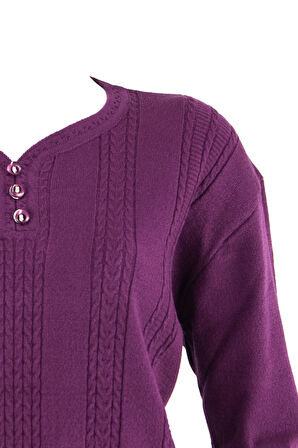 Oppland Kadın Kışlık Kendinden Motifli Armut Yaka Üç Düğmeli Pamuklu Kardelen Dokuma Anne Kazak