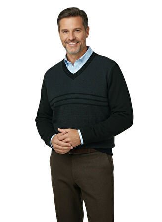 Oppland Erkek Kışlık Kazak Rahat Kesim Triko Dokuma V Yaka Desenli Klasik ve Şık