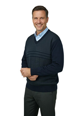 Oppland Erkek Kışlık Kazak Rahat Kesim Triko Dokuma V Yaka Desenli Klasik ve Şık