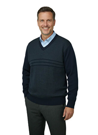 Oppland Erkek Kışlık Kazak Rahat Kesim Triko Dokuma V Yaka Desenli Klasik ve Şık