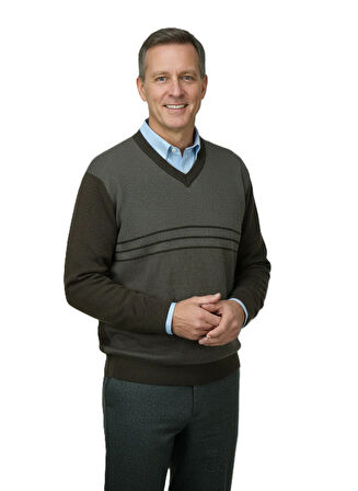 Oppland Erkek Kışlık Kazak Rahat Kesim Triko Dokuma V Yaka Desenli Klasik ve Şık