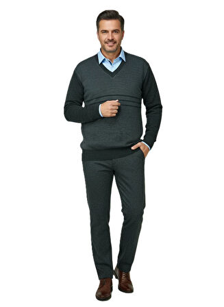 Oppland Erkek Kışlık Kazak Rahat Kesim Triko Dokuma V Yaka Desenli Klasik ve Şık