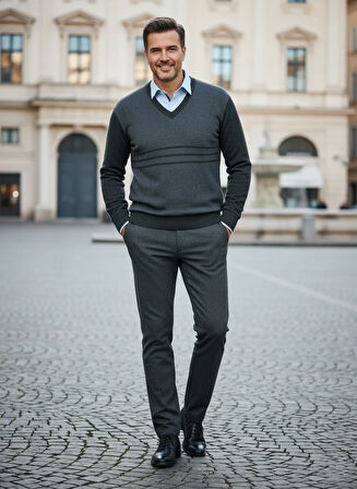 Oppland Erkek Kışlık Kazak Rahat Kesim Triko Dokuma V Yaka Desenli Klasik ve Şık