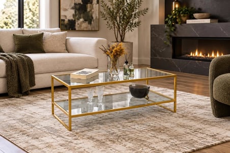 Şeffaf Camlı Gold Orta Sehpa Çift Raflı Modern Tasarım  90*50*46 cm