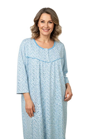Oppland Kadın Boydan Anne Gecelik Elbise %100 Pamuk Çiçekli Desenli Rahat ve Tam Kalıp