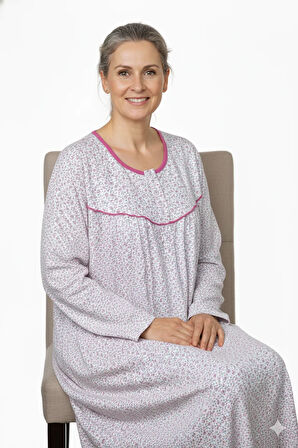 Oppland Kadın Boydan Anne Gecelik Elbise %100 Pamuk Çiçekli Desenli Rahat ve Tam Kalıp