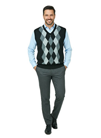 Oppland Erkek Kışlık Süveter Rahat Kesim Triko Dokuma V Yaka Klasik Baklava Desenli