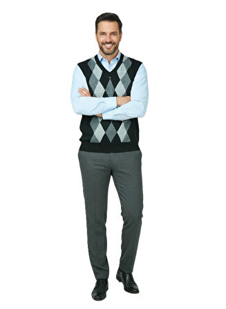 Oppland Erkek Kışlık Süveter Rahat Kesim Triko Dokuma V Yaka Klasik Baklava Desenli