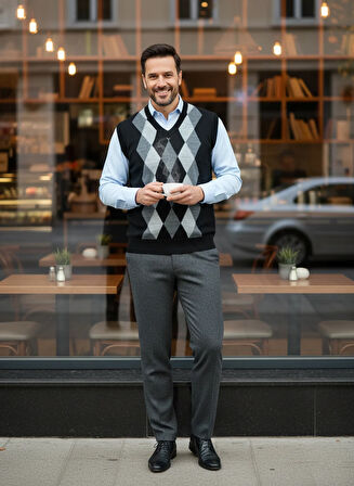 Oppland Erkek Kışlık Süveter Rahat Kesim Triko Dokuma V Yaka Klasik Baklava Desenli