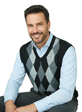 Oppland Erkek Kışlık Süveter Rahat Kesim Triko Dokuma V Yaka Klasik Baklava Desenli