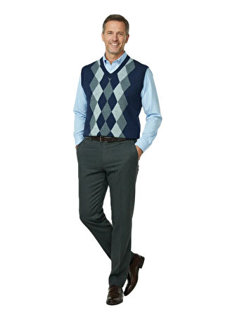 Oppland Erkek Kışlık Süveter Rahat Kesim Triko Dokuma V Yaka Klasik Baklava Desenli