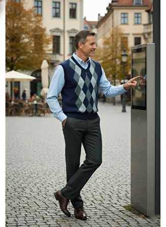 Oppland Erkek Kışlık Süveter Rahat Kesim Triko Dokuma V Yaka Klasik Baklava Desenli