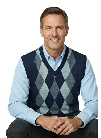 Oppland Erkek Kışlık Süveter Rahat Kesim Triko Dokuma V Yaka Klasik Baklava Desenli