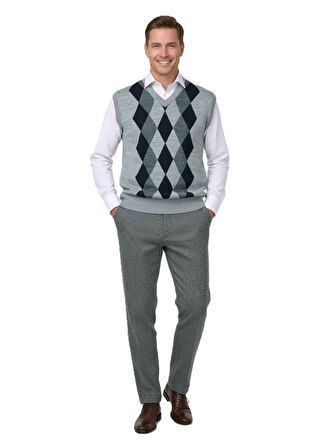 Oppland Erkek Kışlık Süveter Rahat Kesim Triko Dokuma V Yaka Klasik Baklava Desenli